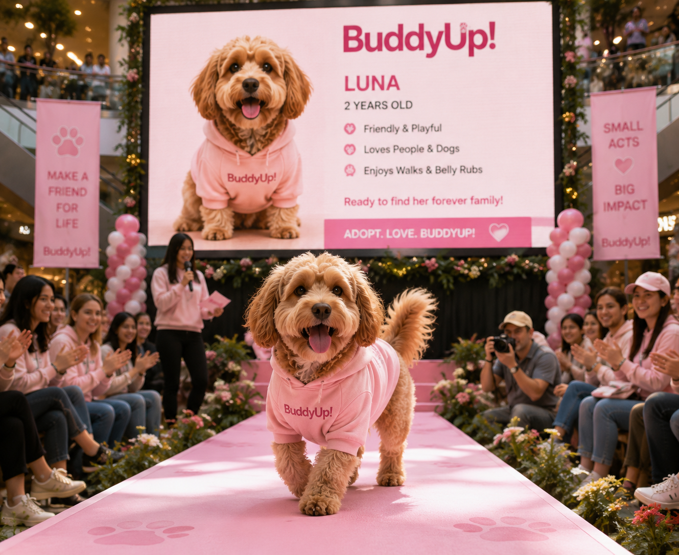 A rescue dog walking a runway in a BuddyUp hoodie while a giant screen shares her story